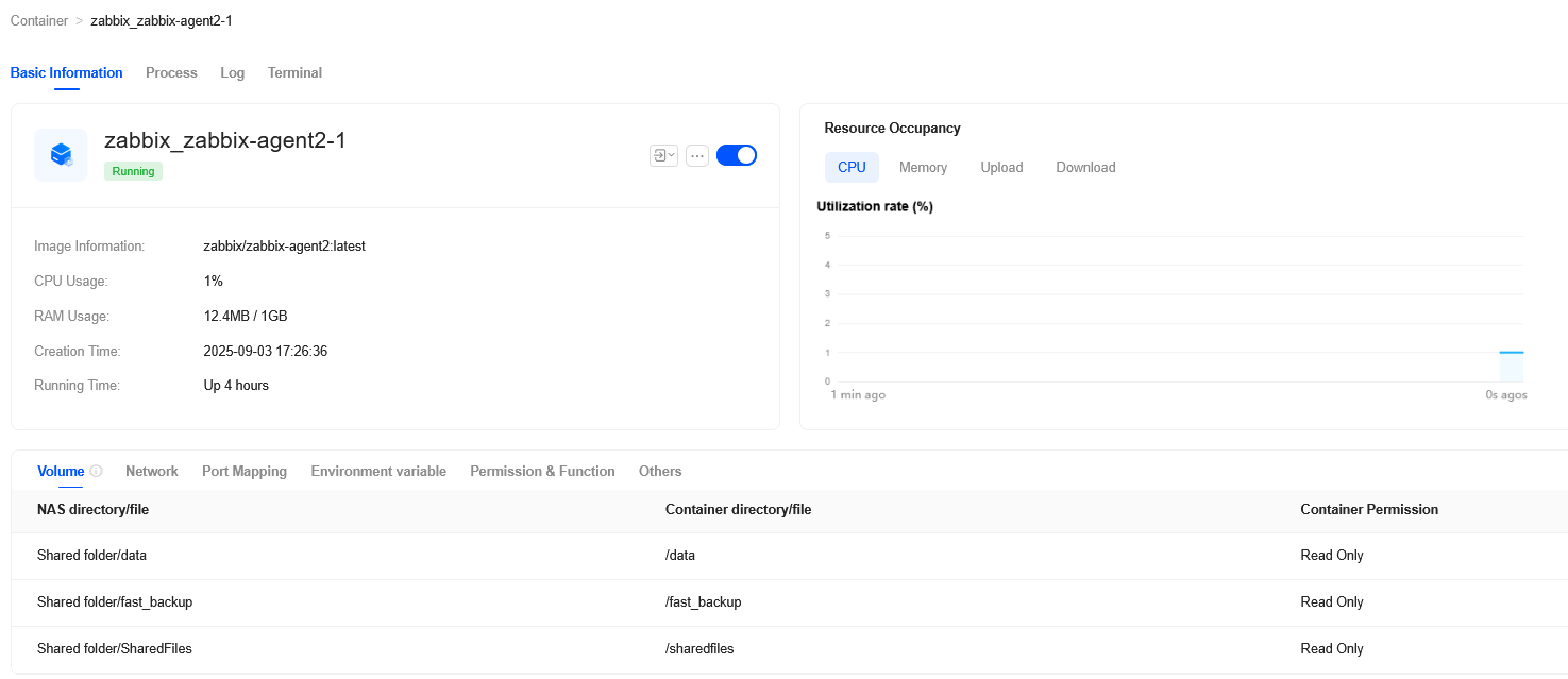 The container Settings menu